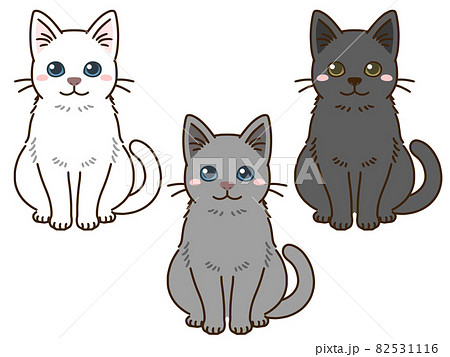 色々な毛色の猫 白黒グレー のイラスト素材