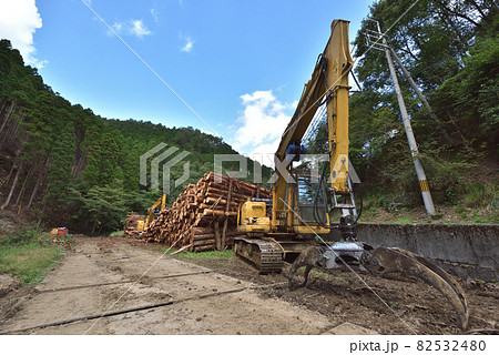 森林整備　間伐材の積み込み作業場の風景　 82532480