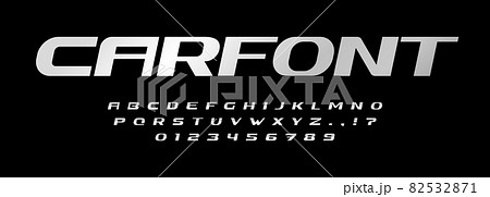 Car font alphabet letters. Automotive brand logo typography. Steel metallic typographic design. Bold wide italic letter set for speed logo, race, sport lettering, auto branding type. Vector typeset 82532871