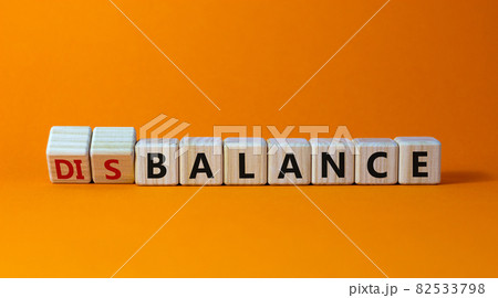 Balance or disbalance symbol. Turned cubes and changed the word disbalance to balance. Beautiful orange background, copy space. Business, balance or disbalance concept. Balance or disbalance symbol. Turned cubes and changed the word disbalance to balance. Beautiful orange background, copy space. Business, balance or disbalance concept. 82533798