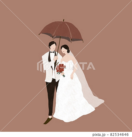 雨の日の結婚式 傘をさした新郎新婦 ウエディング 結婚式のイラスト素材