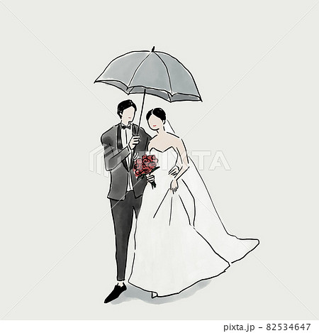 雨の日の結婚式 傘をさした新郎新婦 ウエディング 結婚式のイラスト素材