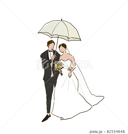 雨の日の結婚式 傘をさした新郎新婦 ウエディング 結婚式のイラスト素材