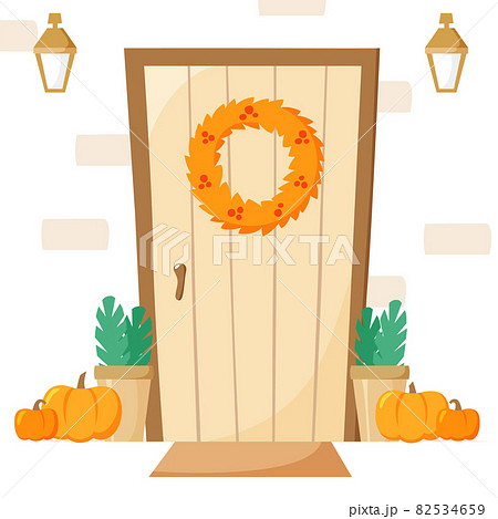 Front door with autumn decoration, entrance with wreath and pumpkins, lanterns and plants in pots, fall vector illustration, flat style 82534659
