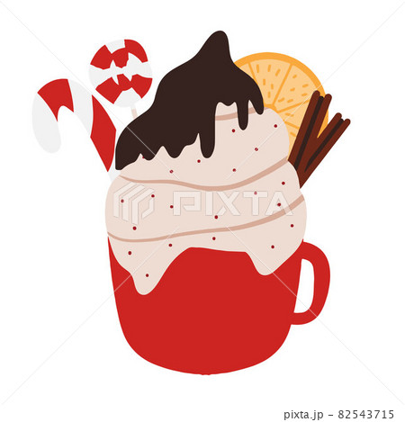 Winter festive mug with hot chocolate, cocoa or coffee. Chocolate, cocoa li coffee with cream.Christmas hot drink. Winter festive mug with hot chocolate, cocoa or coffee. Chocolate, cocoa li coffee with cream.Christmas hot drink. 82543715
