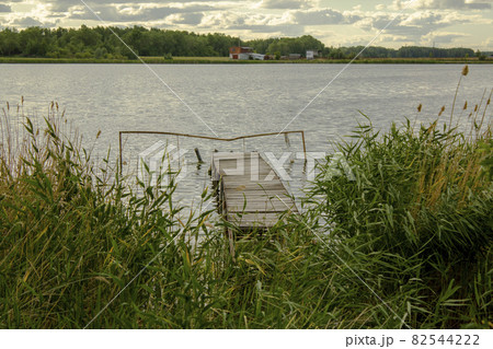 View through the reeds to the old fishing bridge. A lake used by many townspeople for a weekend break near the village. View through the reeds to the old fishing bridge. A lake used by many townspeople for a weekend break near the village. 82544222