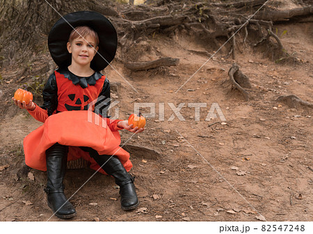 A young witch examines pumpkins for Halloween. Girl in a suit for the holiday. Beautiful witch in a black hat A young witch examines pumpkins for Halloween. Girl in a suit for the holiday. Beautiful witch in a black hat 82547248