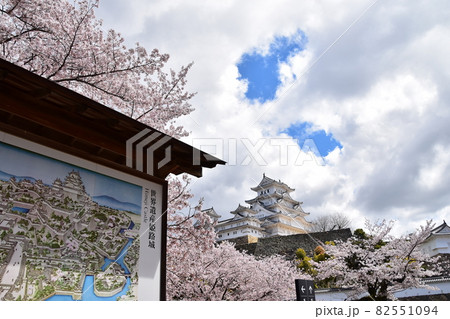 日本の兵庫県の姫路市　世界遺産で国宝でもある姫路城　春の桜と立派な天守閣　城内の地図看板 82551094