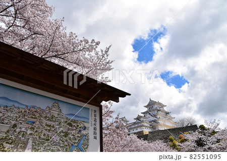 日本の兵庫県の姫路市　世界遺産で国宝でもある姫路城　春の桜と立派な天守閣　城内の地図看板 82551095