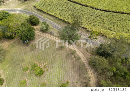 Aerial Of Lines Of Road, Train Tracks And Sugar Cane Field 82553185