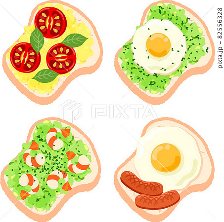 トマトと卵のトーストやアボカド卵のトーストやアボカド海老トーストや目玉焼きトーストの可愛いアイコンのイラスト素材