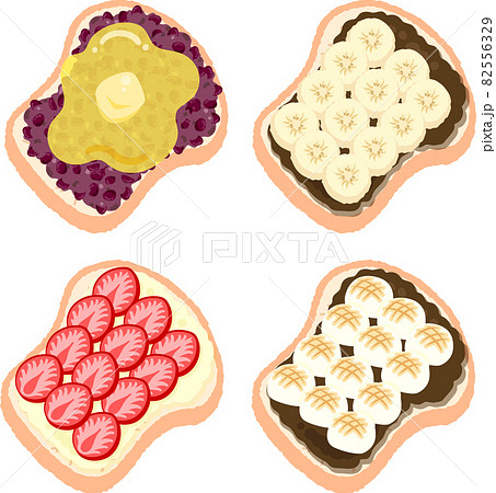 あずきトーストやチョコバナナトーストや苺クリームトーストやマシュマロチョコトーストの可愛いアイコンのイラスト素材