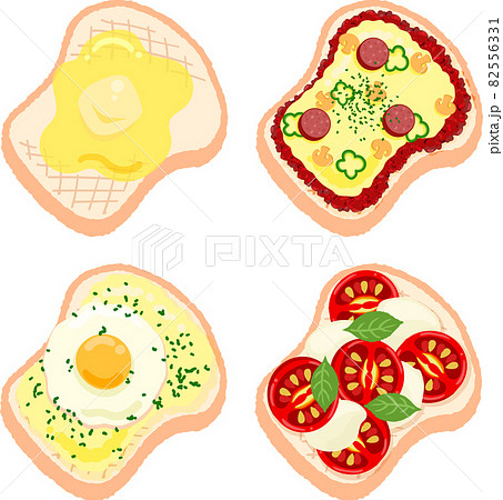 バタートーストやピザトーストや目玉焼きトーストやカプレーゼトーストの可愛いアイコンのイラスト素材