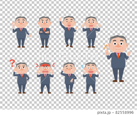 スーツを着た小太りな中年男性表情ポーズイラストセットのイラスト素材 5596