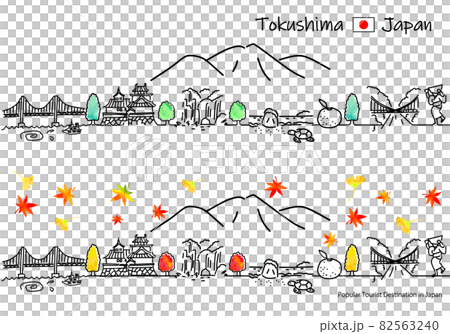 Cityscape simple line drawing set of sightseeing spots in Tokushima prefecture in autumn 82563240