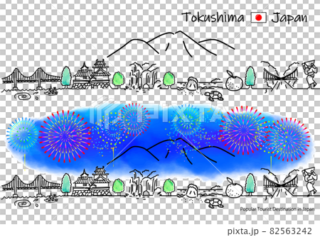 Tokushima Prefecture sightseeing spots and fireworks cityscape simple line drawing set 82563242