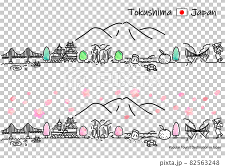 Spring Tokushima Prefecture tourist destination cityscape simple line drawing set 82563248