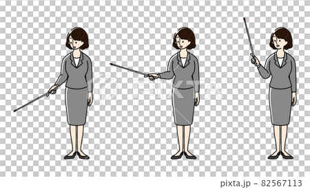 指示棒 指し棒 で三方向を指すビジネスウーマン 右利きver のイラスト素材