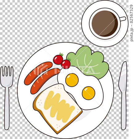 從上面看西式早餐套餐:吐司、煎蛋、香腸和熱咖啡 從上面看西式早餐套餐:吐司、煎蛋、香腸和熱咖啡 82567329