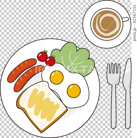 A view of a Western breakfast set from above: toast, fried egg, wiener and cafe au lait 82567332