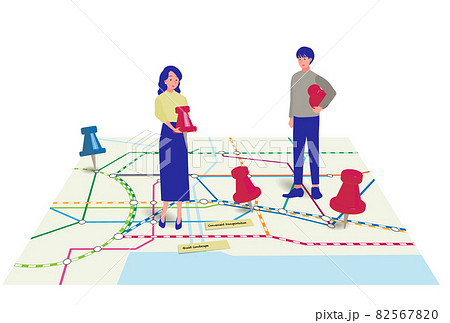 地図の上で不動産の場所を選ぶ若い男女のイラスト 地図の上で不動産の場所を選ぶ若い男女のイラスト 82567820