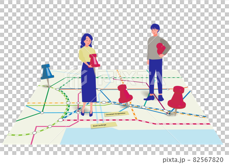 地図の上で不動産の場所を選ぶ若い男女のイラスト 地図の上で不動産の場所を選ぶ若い男女のイラスト 82567820