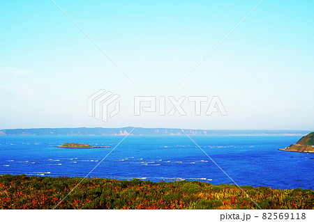 早朝の海の風景　コンブ漁の漁船　北海道浜中町　 82569118