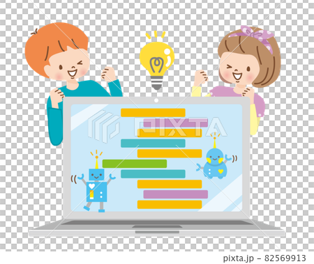 Children and robots learning programming on a computer 82569913