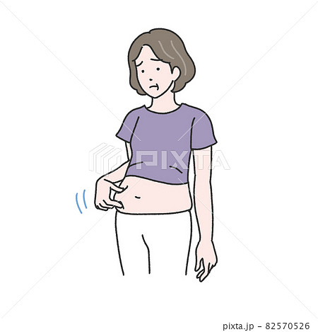 お腹をつまむ中高年の女性のイラスト お腹をつまむ中高年の女性のイラスト 82570526