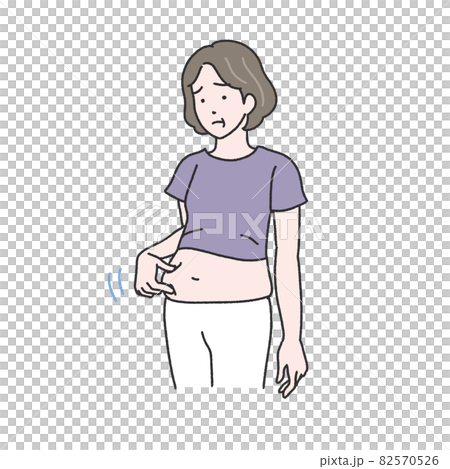 Illustration of a middle-aged woman pinching her stomach Illustration of a middle-aged woman pinching her stomach 82570526