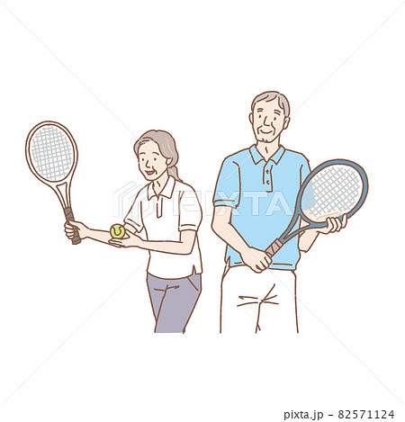 テニスをするシニア男女のイラスト 手描きタッチのイラスト素材