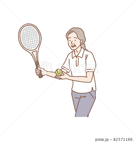 テニスをするシニア女性のイラスト 手描きタッチのイラスト素材