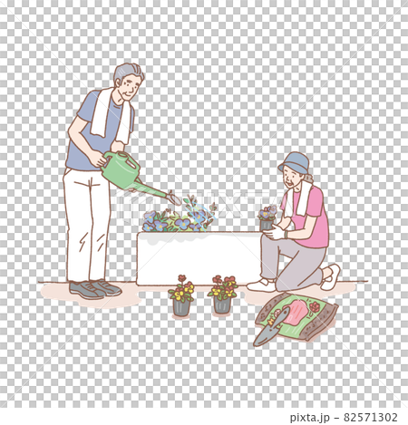 手書きタッチのガーデニングをするシニアのイラスト 82571302