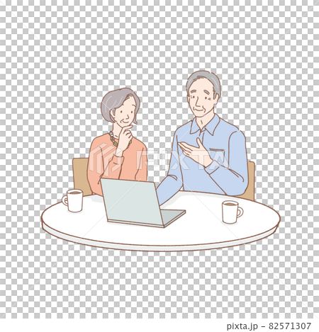Illustration of a senior couple talking while looking at a computer 82571307