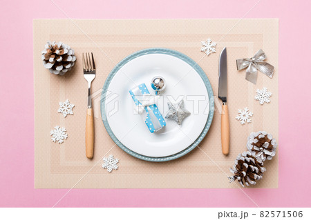 Christmas dinner background with rustic decorations and kitchen utensil . View from above 82571506
