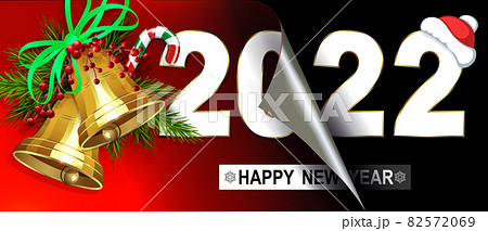 Happy new year 2022, golden shiny bells, Christmas composition with folded leaf 82572069