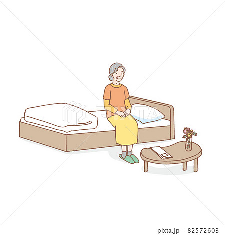 ベッドに腰掛けるシニア女性のイラストのイラスト素材