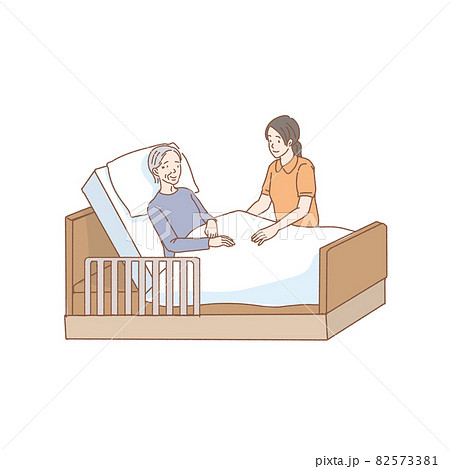 ベッドに寝るシニア女性と介護士のイラスト 82573381