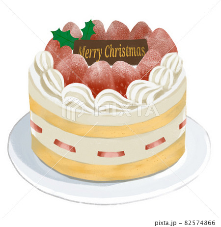 チョコプレートのある、苺のクリスマスケーキの手書き風のイラスト 82574866