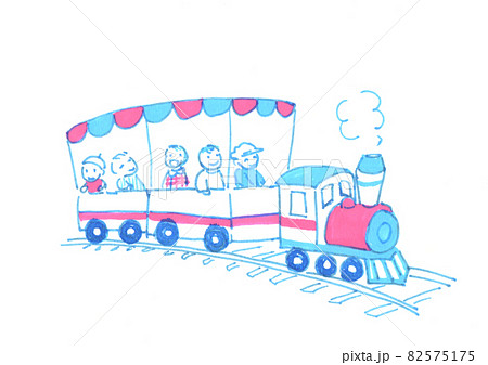 昭和の遊園地にある汽車に乗る子供達のイラスト素材