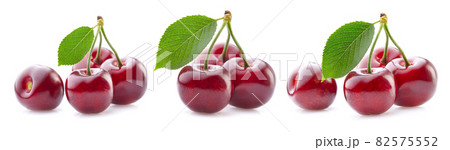 Collage of sweet cherry with leaves on white background Collage of sweet cherry with leaves on white background 82575552