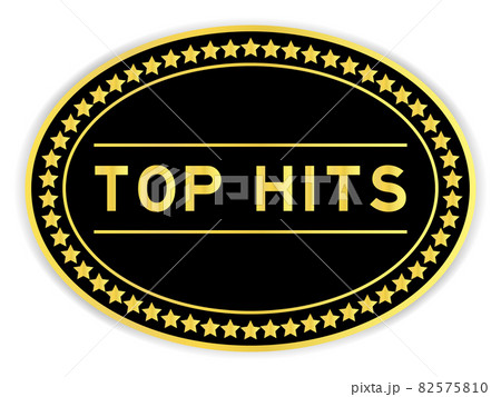 Gold and black color oval label sticker with word top hits on white background 82575810