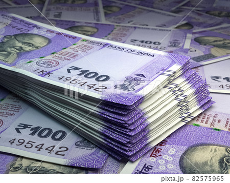 Indian money. Indian rupee banknotes. 100 INR rupees bills. 82575965