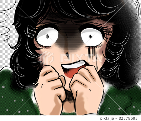70年代少女漫画恐怖で白目になる黒髪女性の顔ドアップ 82579693