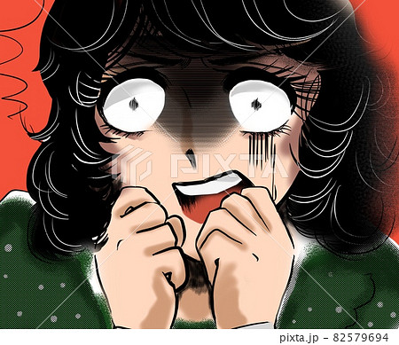 70年代少女漫画恐怖で白目になる黒髪女性の顔ドアップ 82579694