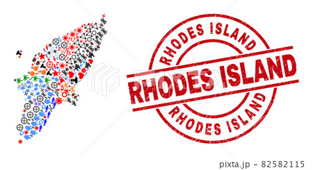 Rhodes Island Scratched Badge and Rhodes Island Map Collage of Different Items 82582115
