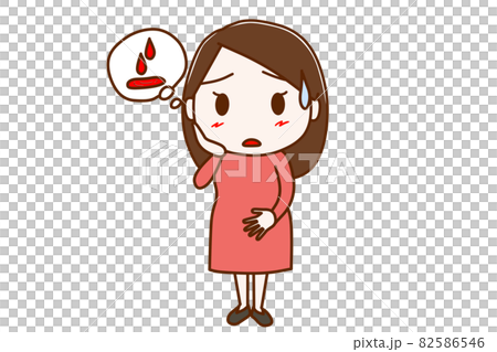 <Whole body / front> A woman who is worried because she does not know whether it is abnormal bleeding or menstruation. 82586546