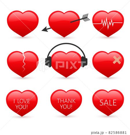 Set of nine red hearts icons isolated on white background. Valentine s day vector collection. Love story symbol. Easy to edit design template. 82586881