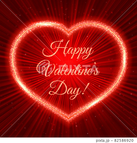 Happy Valentine s day Red Valentines day greeting card with sparkling heart on shiny rays background. Romantic vector illustration. Easy to edit design template. 82586920