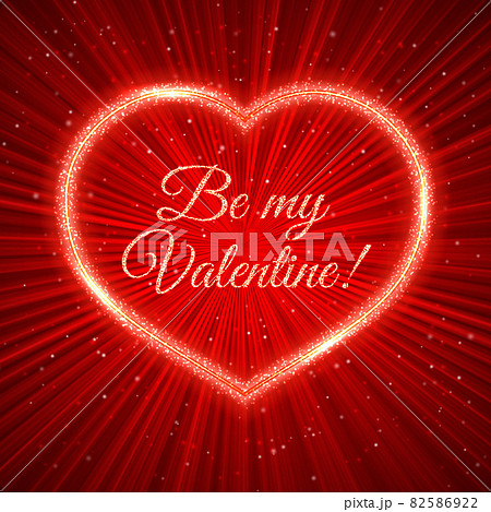 Be my Valentine Red Valentine s day greeting card with sparkling heart on shiny rays background. Romantic vector illustration. Easy to edit design template. 82586922